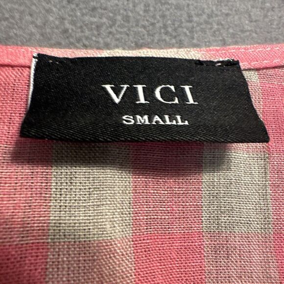 Vici 100% Linen Gingham Cropped Wrap Top Size S Pink Western Beach Cottagecore - Picture 5 of 8